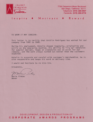 Letter of Recommendation from the Owner of Scriber Award Designers, 1989