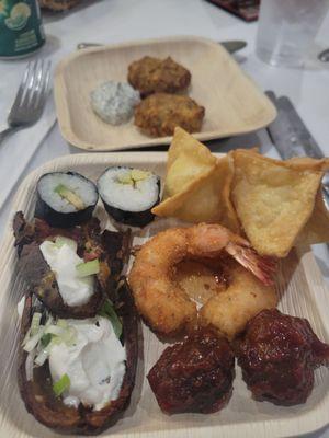 Hors d'oeuvres: Avocado rolls, coconut prawns, potato skins, rangoons, bbq meatballs, and lentil cakes