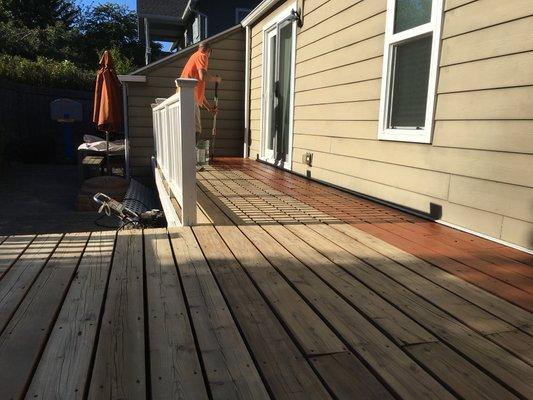 Molded and rotting deck completely sanded. Staining process started