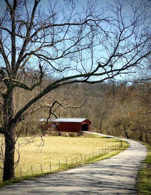 Red Covered Bridge (drivable) at entrance Versailles State Park