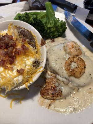 Loaded potato, Broccoli and chicken under the sea(crab cake and shrimp)