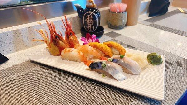 Sweet shrimp(raw), Sea Urchin , Mackerel