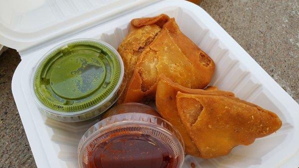 Samosas, vegan by default ($2.49 for two). Pretty good!