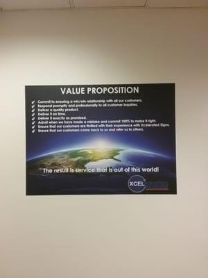 A basic lobby sign we produced showing our mission and values