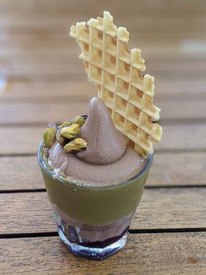 06/29/24 Spumoni Sundae - Sour Cherry, Pistachio Crème, Chocolate Soft Serve, Amarena Cherry, Pistachio, Pizzelle