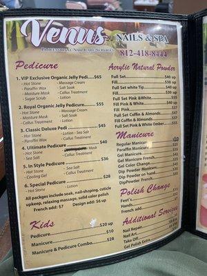 Menu given at pedicure chair