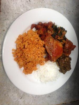 Combination Platter: Jollof Rice, White Rice, Spinach and Designer Stew with Diced Plantain and Mixed Meat for $12.99