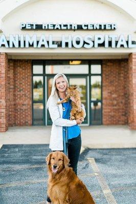 One of our veterinarians, Dr. Brittany Kennedy, with two of her pets, Finn and Tiggs.