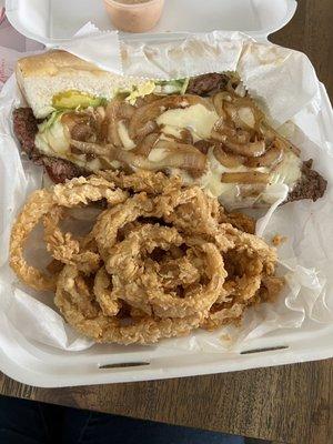 Ribeye po boy and onion rings