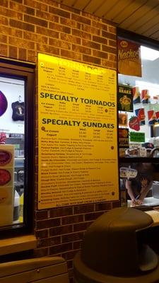 Tornado and sundae menu