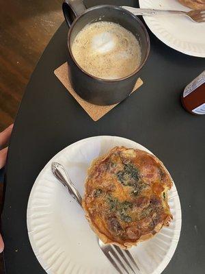 Spinach bacon quiche; cappuccino