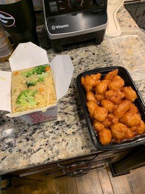 Vegetable fried rice and honey chicken