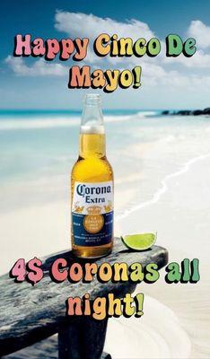 Who's ready to celebrate Cinco De Mayo?

See you at The Wet Spot tomorrow! 
$4 Coronas all night