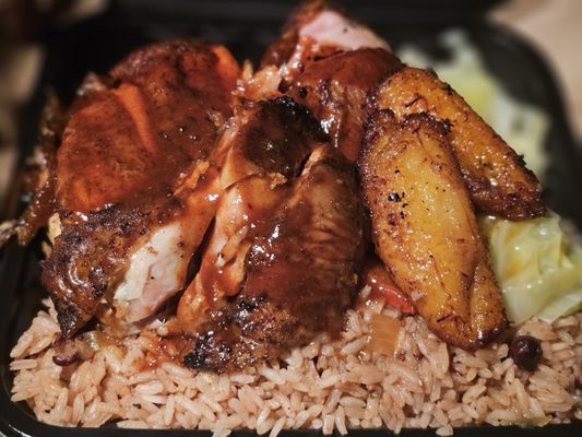 White Meat Jerk Chicken Meal w/ peas and rice, plantains, and cabbage