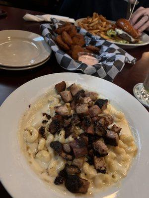 pork belly mac, fried pickles, burger