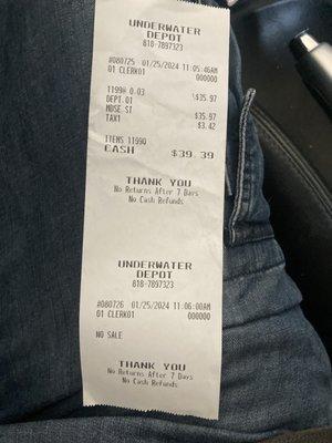 My receipt for $39.39 for three gouramis. One that died the next day and two that I returned to Underwater Depot.