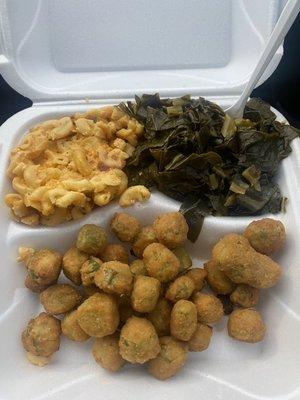 Veggie plate - macaroni & cheese, collard greens, and Okra.