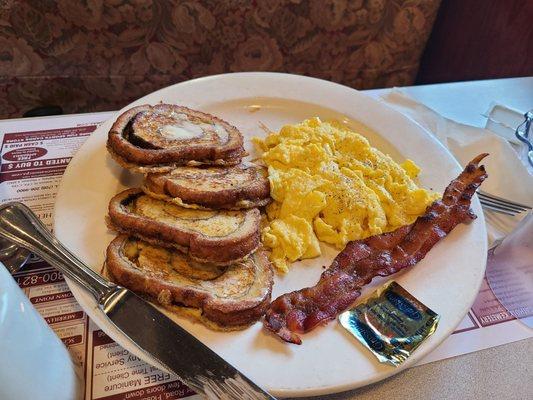 Cinnamon French toast, eggs and bacon