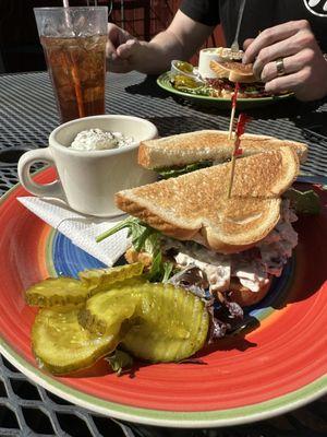 Cranberry chicken salad sandwich, cottage cheese and bread and butter pickles