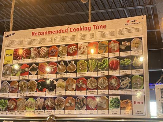 Cooking times for all the items above sauce bar