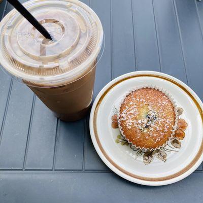 Iced coconut mocha latte & GF blueberry muffin