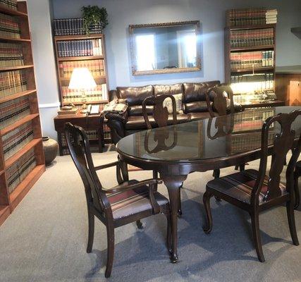 A cozy conference area in the Law Library at Uricchio Law Firm.