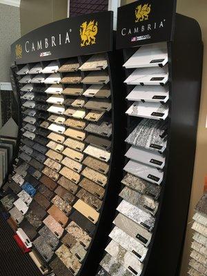 We offer Cambria Quartz among our countertops offerings. Stop in to see our full display & see the stunning beauty of their colors in person