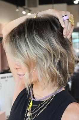 Rooty Blonde highlights on short bob hair, textured haircut