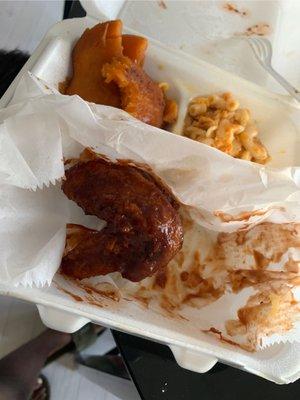 Sticky Wings, Side of Candied Yams and Carolyn's Mac and Cheese.