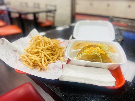 Fries, tacos, and rice. Yum!