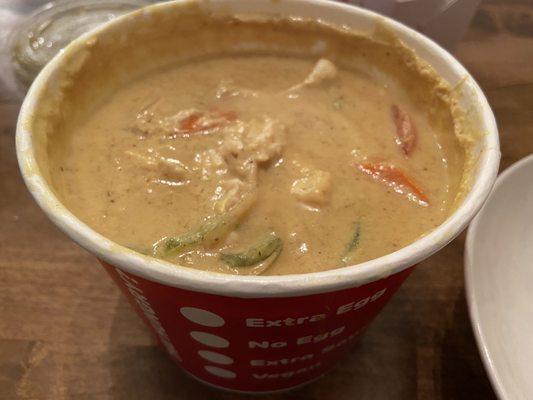 Yellow curry ($11) with chicken (+$2) - okay, a little sweet. Comes with potatoes, carrots, bell pepper, and onion. Filled to the brim!