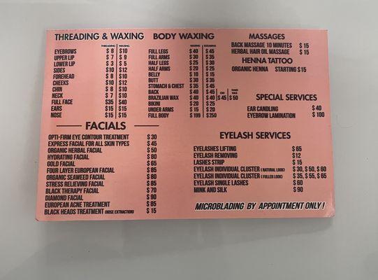 Price List / Menu