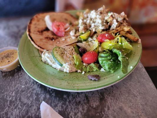 Greek salad, pita, and those delicious feta fries!