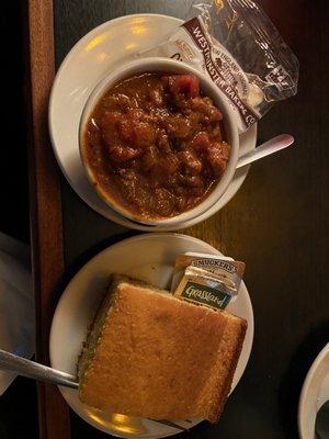 Chili was delicious! Cornbread was a little dry but it was served with butter and honey.