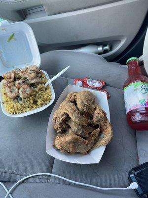 4wings and shrimp fried rice  and a drink from corner store