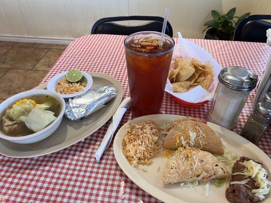 Caldo de res and crispy tacos.