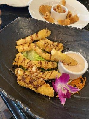 Our Favorite Calamari Age - steak fries style - and Fresh Spring Rolls