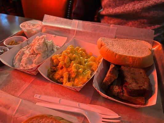 Platter with Mac n Cheese, Mashed Potatoes, and Brisket