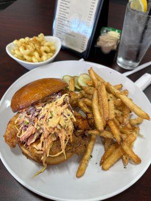 Fried chicken sandwich , garlic fries and side of my favorite Mac n cheese !