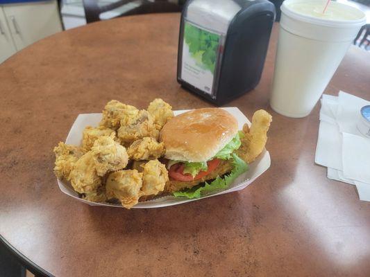 Fried pollock sandwich with fried mushrooms. Definitely a winner!