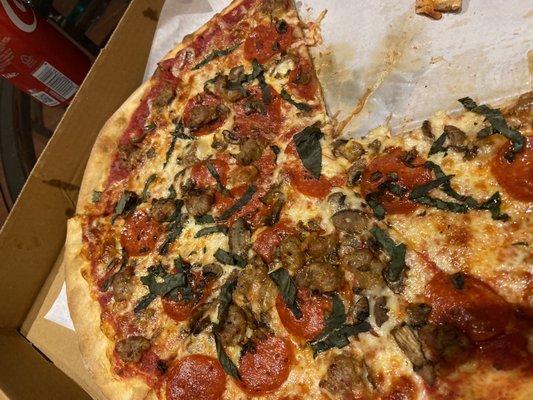 Sausage, Pepperoni, Mushroom and Fresh Basil!