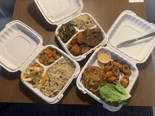 The 3-sides platter, brown jackfruit stew platter, and krabcake sandwich with plantain. Every last bite was delicious.