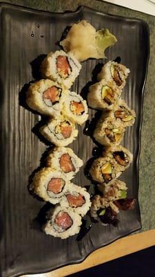 Crunchy salmon and eel avocado rolls