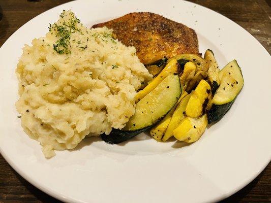 Salmon with brown sugar and cracked pepper, veggies, and mashed potatoes