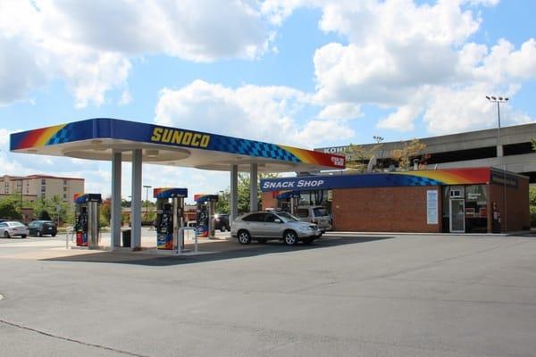 Gas Pumps, Snackshop Entrance on Left, Service Entrance on Right