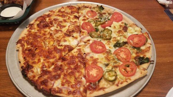 14" half Ed & Stu's BBQ and half Spicy Vegetable Pizza