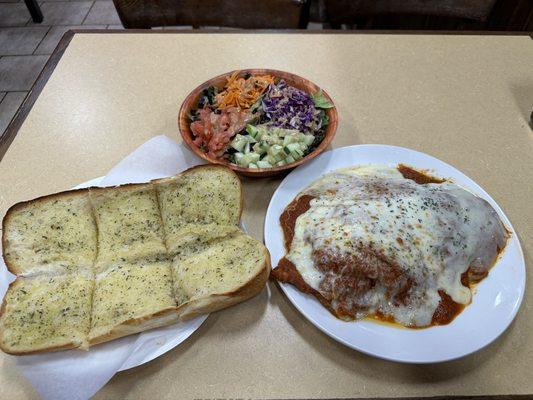 Eggplant Parmigiana, garlic bread and a garden salad - YUM!!