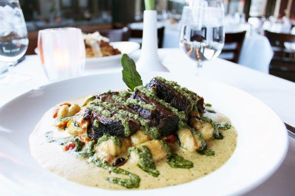 Short rib pesto gnocchi with braised short ribs, spinach, cherry tomatoes and house made pesto