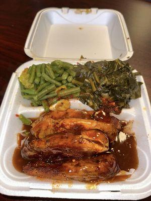 Turkey ribs, green beans, collard greens