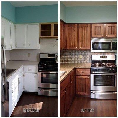 Refaced cabinet doors and cabinet boxes .